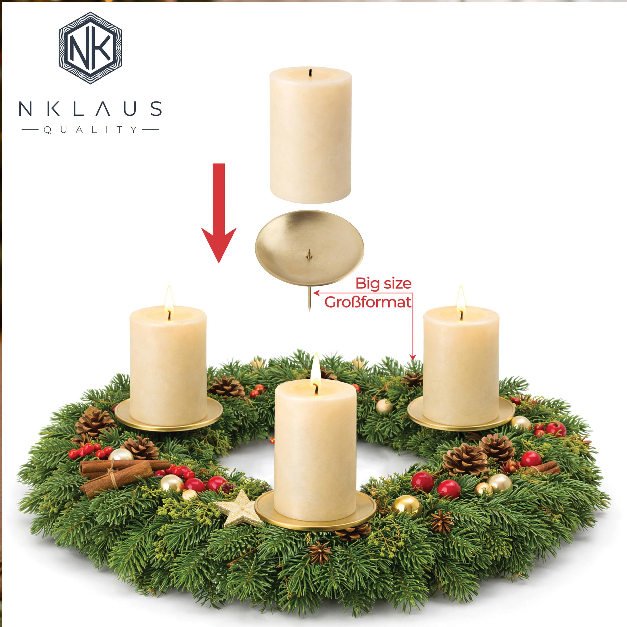 NKlaus Adventskranz Kerzenhalter mit Dorn Messing matt Ø8 cm