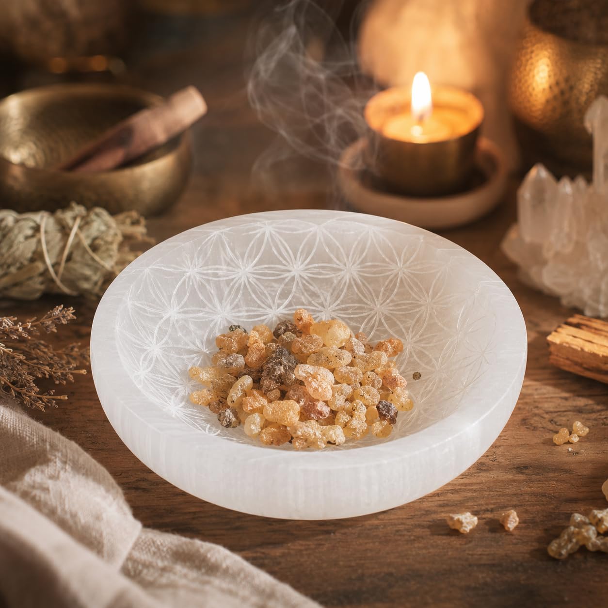 NKlaus Healing Crystals Selenit-Ladeschale 9,5cm Blume Lebens