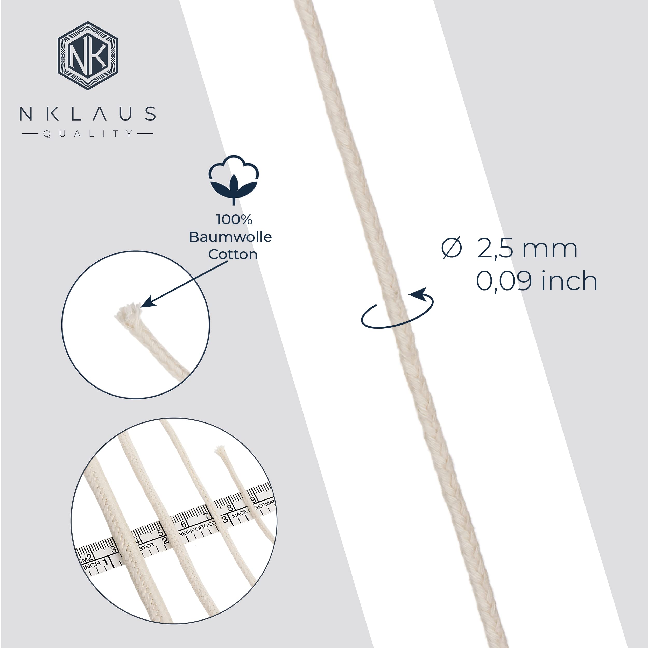 NKlaus Wicks Runddocht Baumwolle 3,0 mm 1 Meter