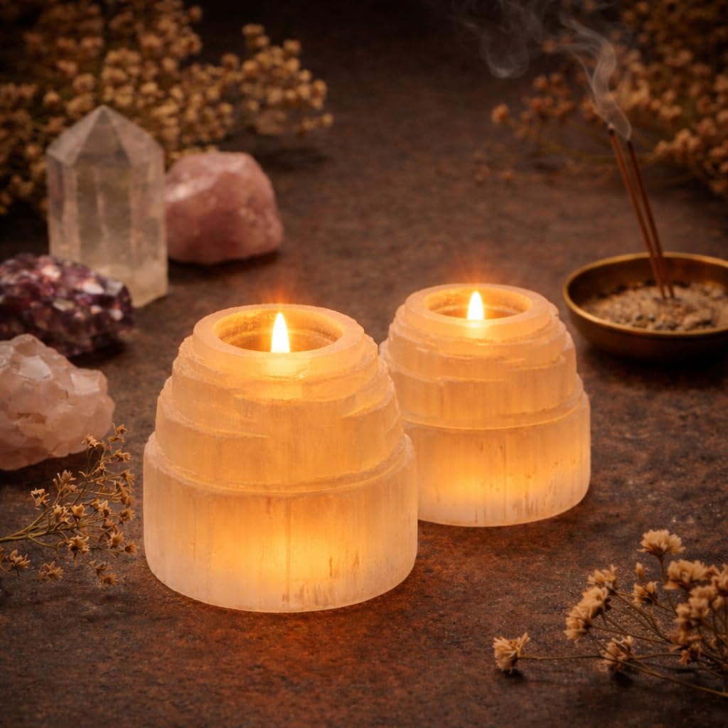 NKlaus Healing Crystals Selenit Eisberg Teelichthalter 8,5 cm 4 Stück weiß