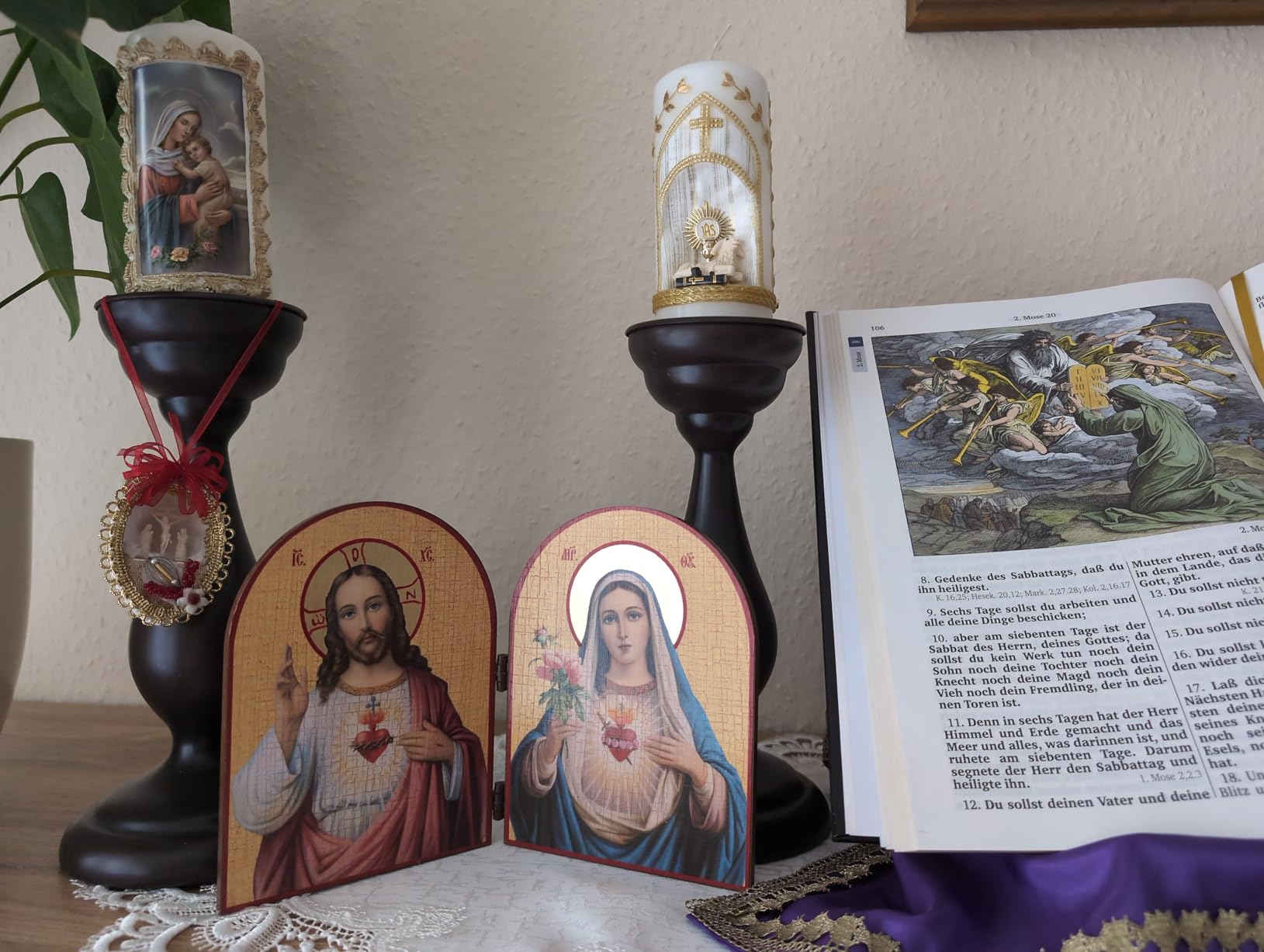 NKlaus Religious Icons Diptychon Herzen Jesu Mariä Holz