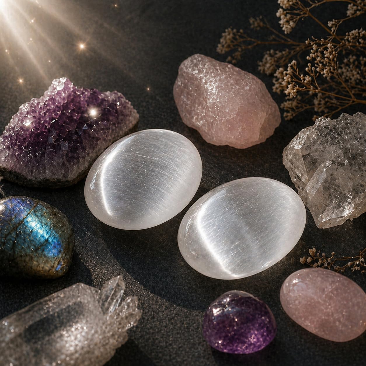 NKlaus HEALING CRYSTALS Selenit Handschmeichler 6,5cm 2 Stück