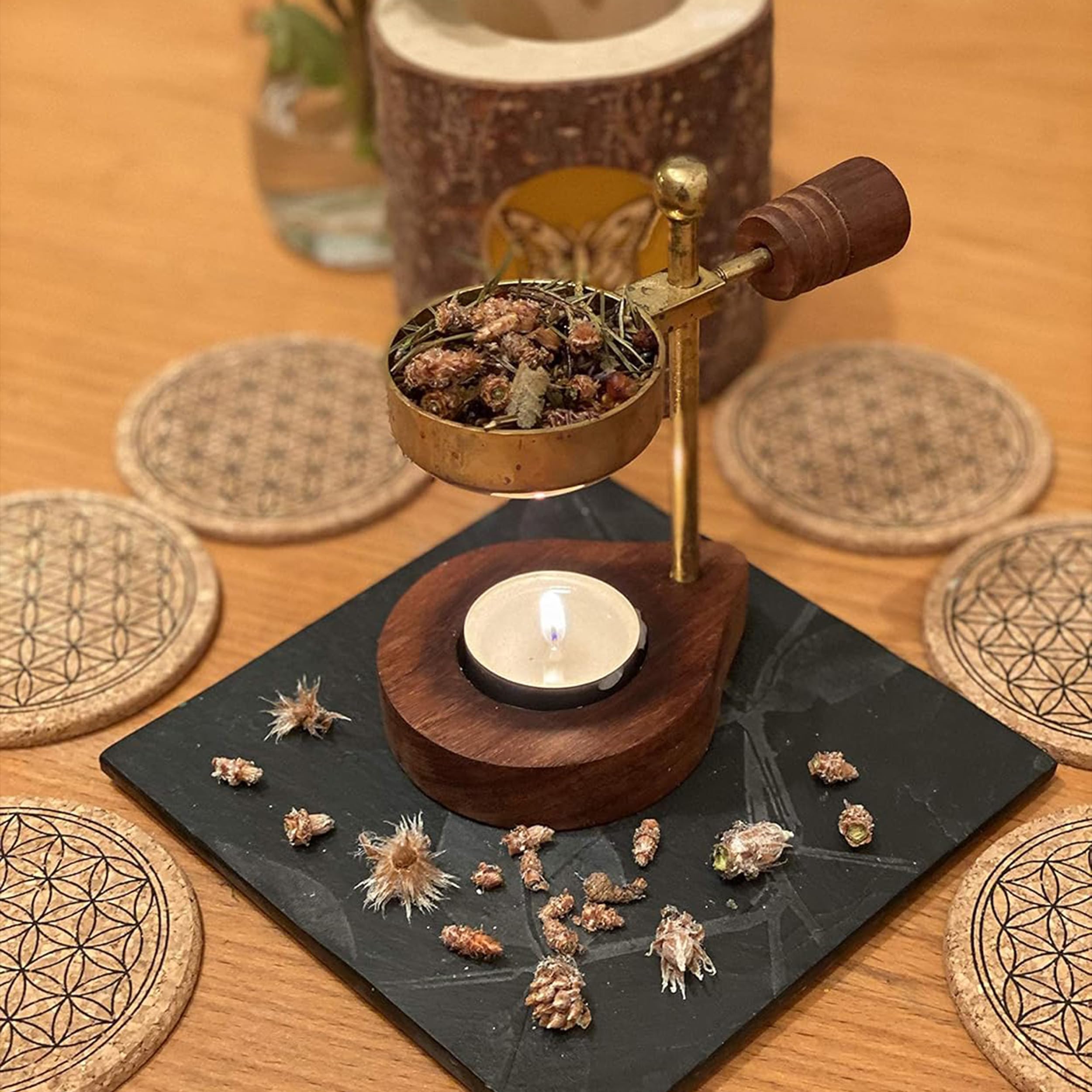 NKlaus Home Scents Räucherstövchen Messing Gold Holz 13 cm