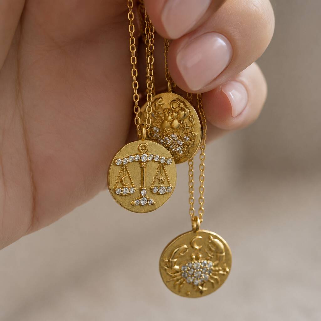 JOY by Corrine Smith Crystal Zodiac Coin Halskette Gold mit Kristall